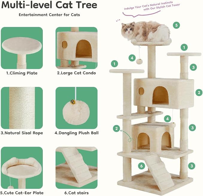 DUMOS 54-inch Cat Tree Tower with Scratching Posts, Indoor Use | Multi-Level Pet House for Large Cats with 2 Condos, Round Platform, Small Ladder and Toys, Beige