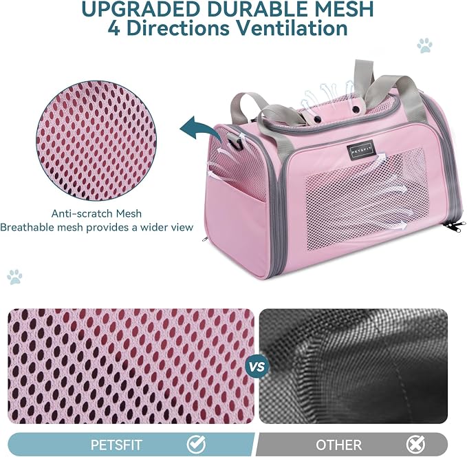 PETSFIT Cat Carrier for Large Cats, Dog Carriers for Small Dogs Under 25 Lbs, Soft Pet Carrier, Cat Crates for Indoor Cats with Cozy Extendable Mat (Large, Pink)