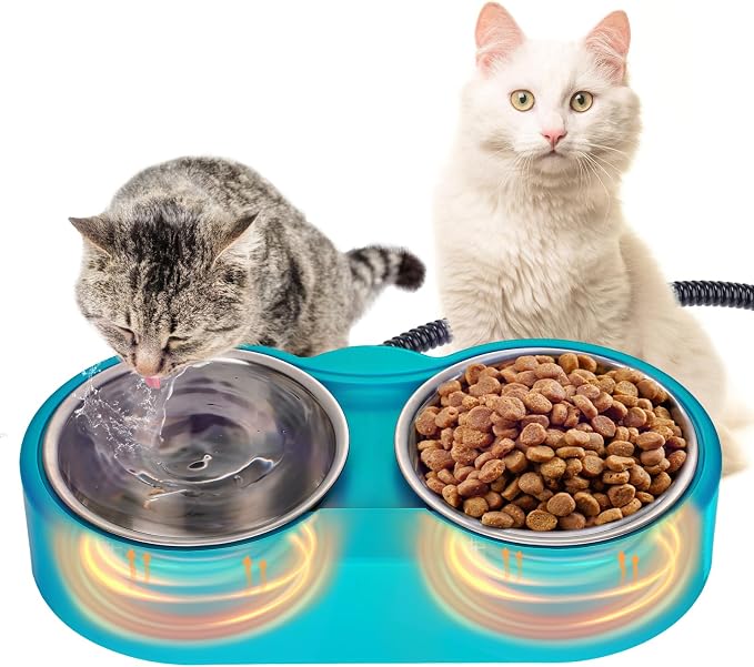 Heated Water Bowl for Cats - 48Oz Outdoor Heated Pet Dog Bowl with 2 Stainless Steel Bowl, Thermostatic Control for Keeping Water and Food from Freezing in Winter Cat Gifts