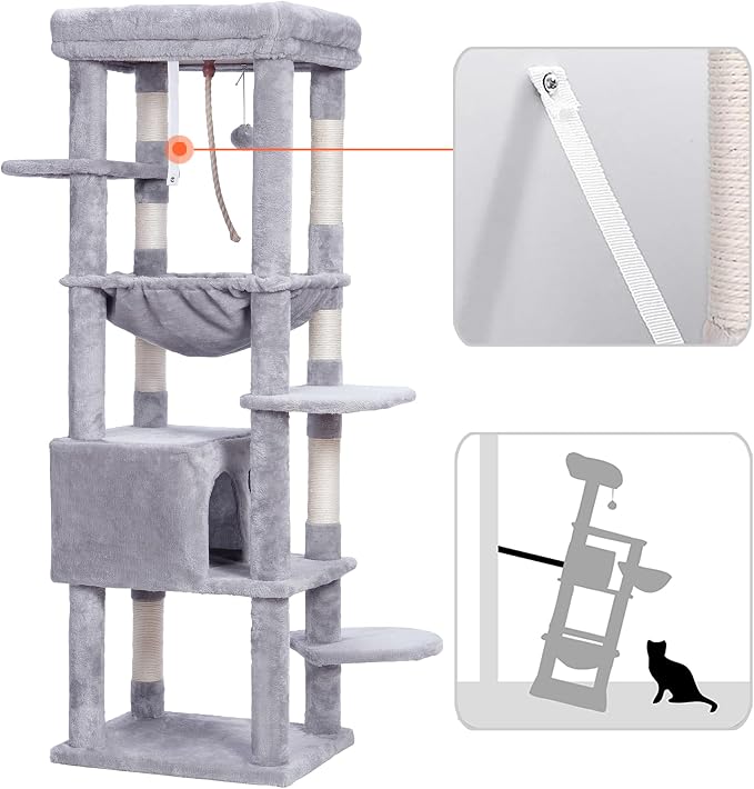 Heybly Cat Tree for Large Cats, 20lbs Heavy Duty, 60 inches HCT050W | Cat Tower for Indoor Cats with Big Padded Plush Perch, Multi-Level Furniture Condo with Cozy Basket, Light Gray