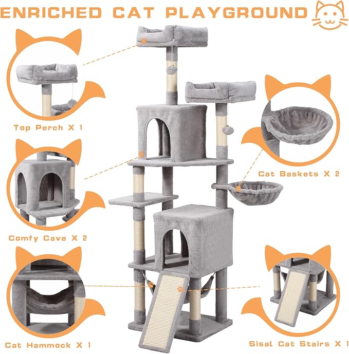 Letkind Cat Tree, 70-Inch Cat Tree Tower with Hammock, Scratching Post, Condo and Multi-Level Cat Tower, Large Cat Activity Center Playhouse, Light Gray LCT015
