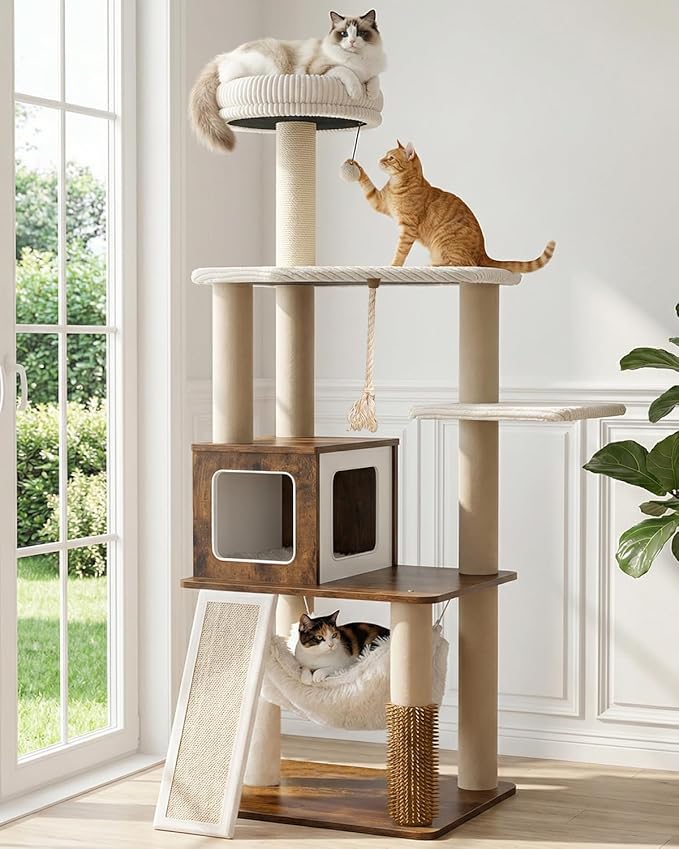 61" Modern Cat Tree, Tall Cat Tower with Self-Grooming Brush | Removable Washable Cushion, Pyramid Anti-Tip Base, Cat Furniture, Cozy Cat Condo, Sisal Scratching Post, Multi-Cat Household