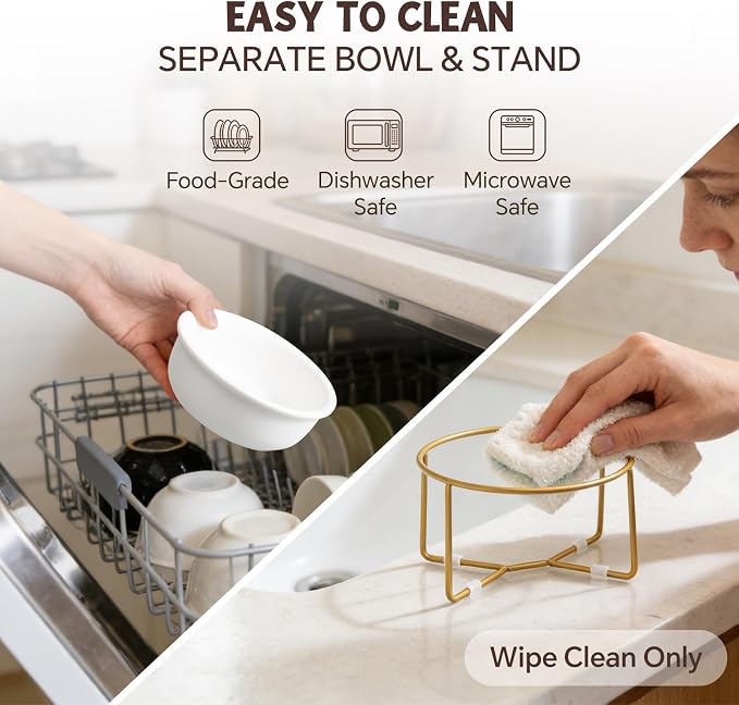 Elevated Ceramic Dog Bowl with Metal Stand - Raised Feeding Dish for Small Dogs and Cats - Ideal for Food or Water - Each Holds 400ml / 2 Cups (Approx. 200g) - White