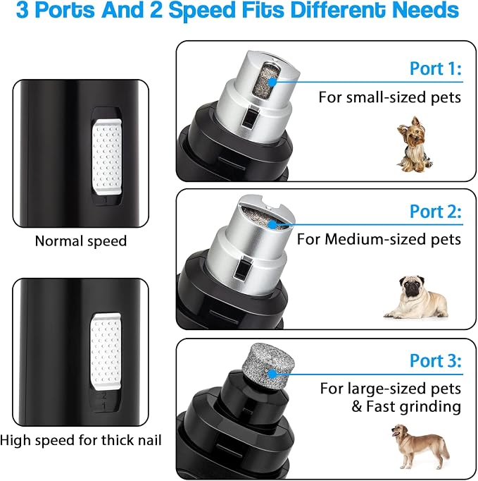 Casfuy Dog Nail Grinder Upgraded - Professional 2-Speed Whisper-Quiet Electric Pet Nail Trimmer Painless Paws Grooming & Smoothing for Small Medium Large Dogs & Cats (Black)