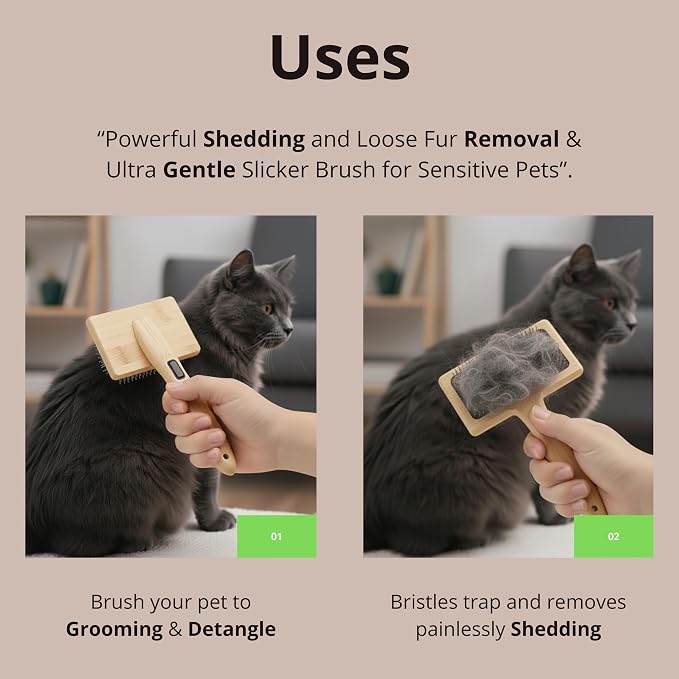 Removes Loose Fur & Tangles Fast | Dog & Cat Slicker Brush | Bamboo Deshedding Tool for All Coat Types | Gentle & Eco-Friendly Grooming