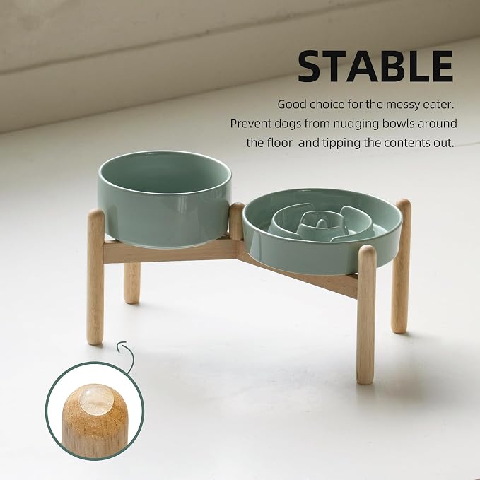 Havniva 7.3” Raised Slow Feeder Dog Bowls Set, 1.2 Cups Ceramic Slow Feeder Dog Bowl and 6.1” Dog Water Bowl with Elevated Wooden Stand Puzzle Dog Food Bowl for Small Dogs Anti-Gulping & Anti-Choking