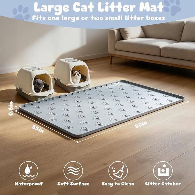 Cat Litter Box Mat, 50"×35" Large Silicone Cat Litter Trapping Mat | Non-Slip Gray Kitty Litter Mat for Indoor Cats, Waterproof Pet Food Mats Easy to Clean & Soft on Kitty Paws