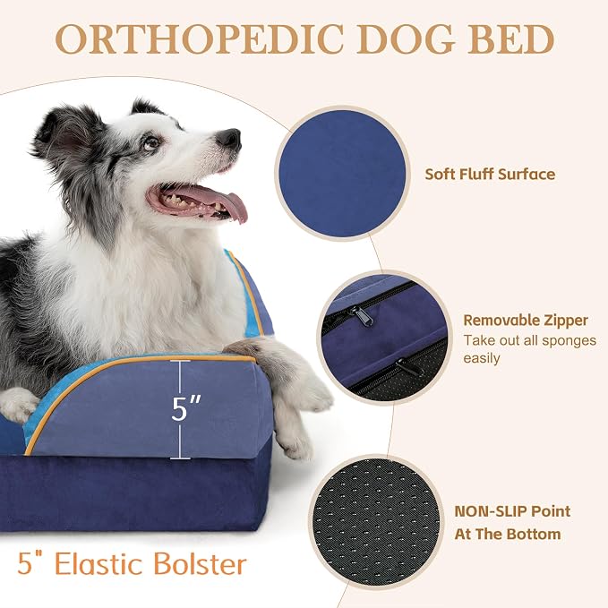 Comfort Expression Orthopedic Dog Bed for Extra Large Dogs with Bolster | Waterproof Dog Couch Bed with Washable Cover & Non-Slip Bottom, Supportive Egg Crate Foam XL Pet Bed, 42x30 Inch