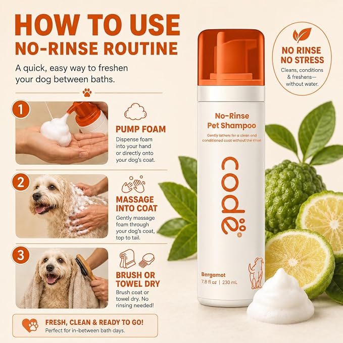 No-Rinse Pet Shampoo Foam, Waterless Dog Shampoo with Oatmeal, Aloe & Chamomile, Dog Shampoo Sensitive Skin, Hypoallergenic Dry Shampoo for Dogs, Bergamot Scent, 7.8 fl oz