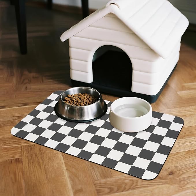 CooRug Checkered Dog Food Mat, Pet Feeding Mat 24" L x 16" W, Black | Absorbent, Leak-Proof, Anti-slip, Quick Dry, Eco-friendly Materials, Easy to clean and store, For Messy Drinkers