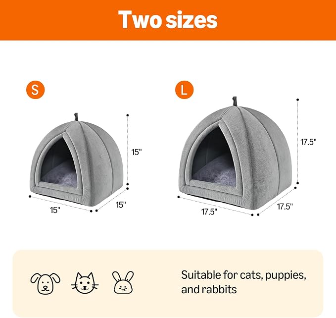 Amazon Basics Cat Cave Bed, 2-in-1 Foldable House for Indoor Cats, with Washable Cushion and Non-Slip Base, 15 x 15 Inches, Small, LightGray