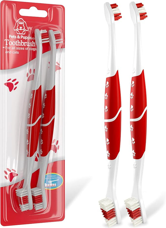 Pet Toothbrush for Dogs, Cats with Soft Bristles - Easy Teeth Cleaning & Dental Care, Non Slip Dual Head Dog Toothbrush for Medium & Large Pets, Toothpaste Not Included, Pack of 2 Red