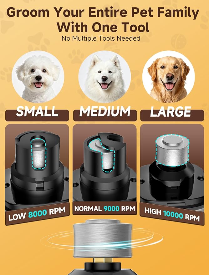 Dog Nail Grinder, Quiet Electric Dog Nail Trimmer with 2 LED Lights, 3-Speed Pet Nail Grinder for Dogs & Cats, Rechargeable 2000mAh Nail Grinder for Small Medium Large Dogs with Light, Black