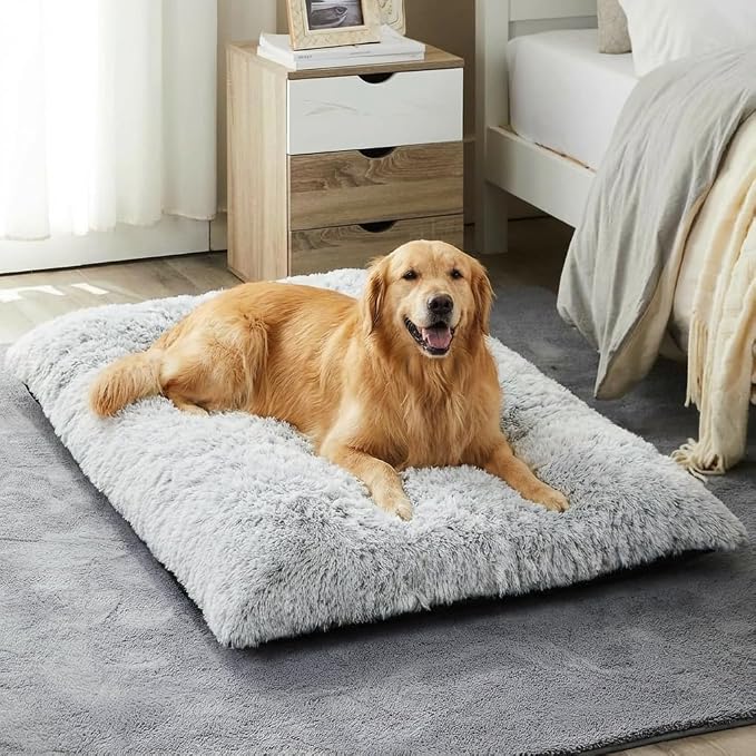 BFPETHOME Dog Bed for Large Dogs, Plush Kennel Pad for Sleeping &Ease Anxiety, Washable Mats with Anti-Slip Bottom - 53 x 36 inch, Grey