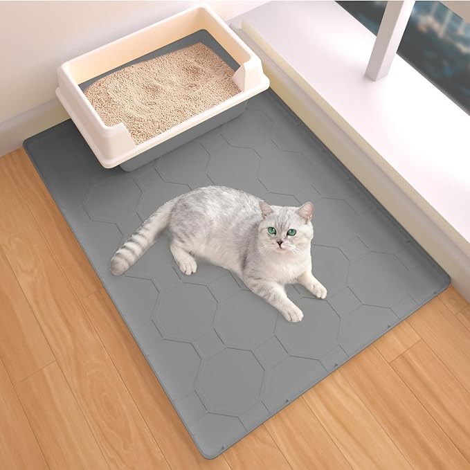 Silicone Cat Litter Mat for Litter Box-28" X 22" Kitty litter pads, Waterproof & Leak-Proof Trapping Design, Non-Slip Durable Easy to clean (Gray)