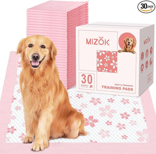 MIZOK 36x36 Puppy Pads Pink, Dog Pee Pads Leak-Proof with Quick-Dry Surface, Dog Pads Extra Large with Cherry Blossom Prints, Pee Pads for Dogs Super Absorbent (30 Count)