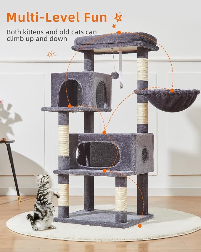 Taoqimiao Cat Tree, 49In Cat Tower for Indoor Cats Large Adult | 2 Luxurious Cat Condos, Thick Padded Top Perch, Adjustable Hanging Baskets, 5 Scratching Sisal Posts, Smoky Gray MS029LG