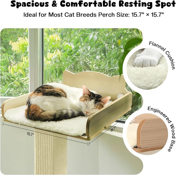 Cat Window Perch with Thick Sisal Scratching Post, Cat Hammock for Window, 53.5" Adjustable Tall Cats Scratching Post with 2 Upgrade Suction Cups, Cats Window Bed with Fluffy Cushion, Sisal