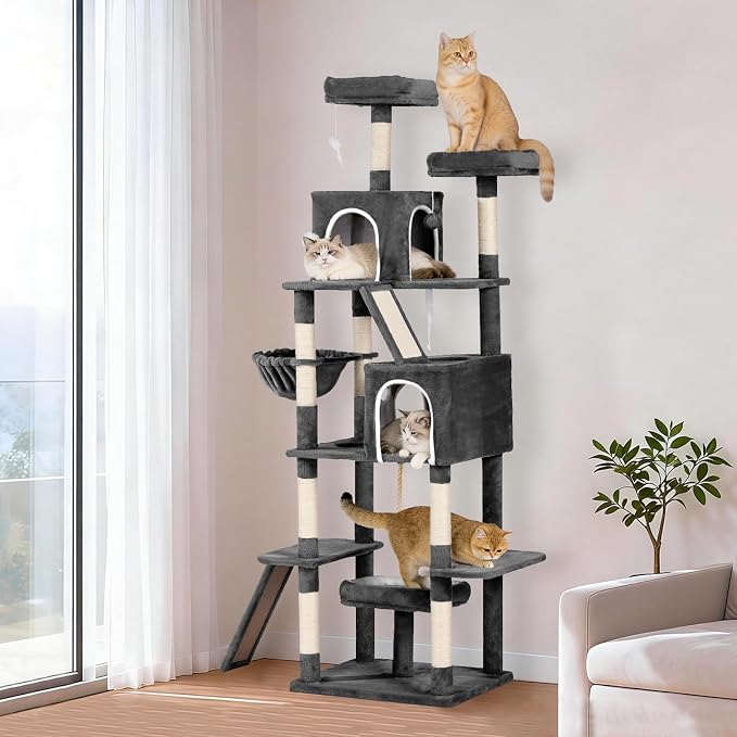 89 inch Cat Tree Tower - Extra Tall Multi-Level Cat Furniture with 2 Cozy Condos, Natural Sisal Scratching Posts, Plush Perches and Hammock for Large Indoor Cats (Black)