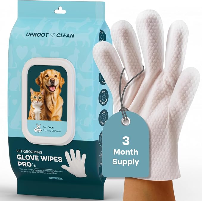 Uproot Clean Pet Grooming Gloves: Deodorizing & Grooming, 3-Month Supply | Extra-Thick Cat & Dog Wipe for Clean Paws, Eyes, Ears, Butt & Body, Lick-Safe. Mess-Free - Removing Tough Dirt, Odor, Oils