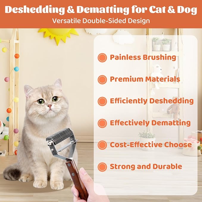 Pet Brush for Dematting & Deshedding, Professional Cat Grooming Brush | Dog Grooming Brushes with Wood Handle, Shedding Comb for Indoor Cats & Long Haired Cat Dog Pet