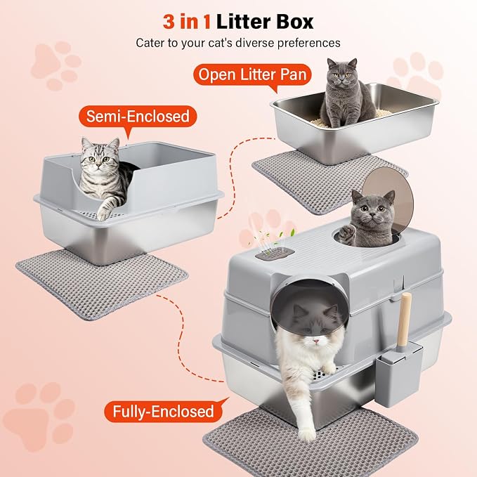 Extra Large Stainless Steel Litter Box with Lid, XL Enclosed Metal Cat Litter Pan, Front Entry Top Exit, Flip-Top, Easy Clean Leak Proof Odor Free, Includes Scoop & Mat, Grey