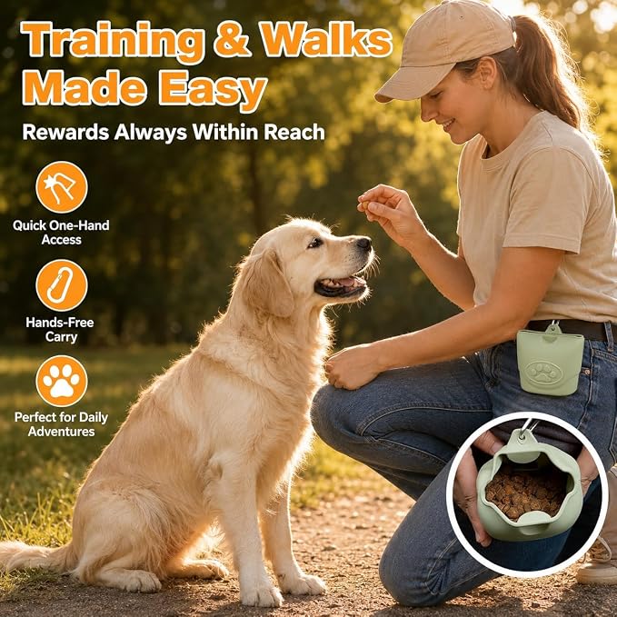 Upgraded Dog Treat Pouch with Strong Magnetic Closure - Small Silicone Training Bag, Waist-Mounted Clip & Leash Carabiner, Airtight Portable Treat Bag (Light Green)