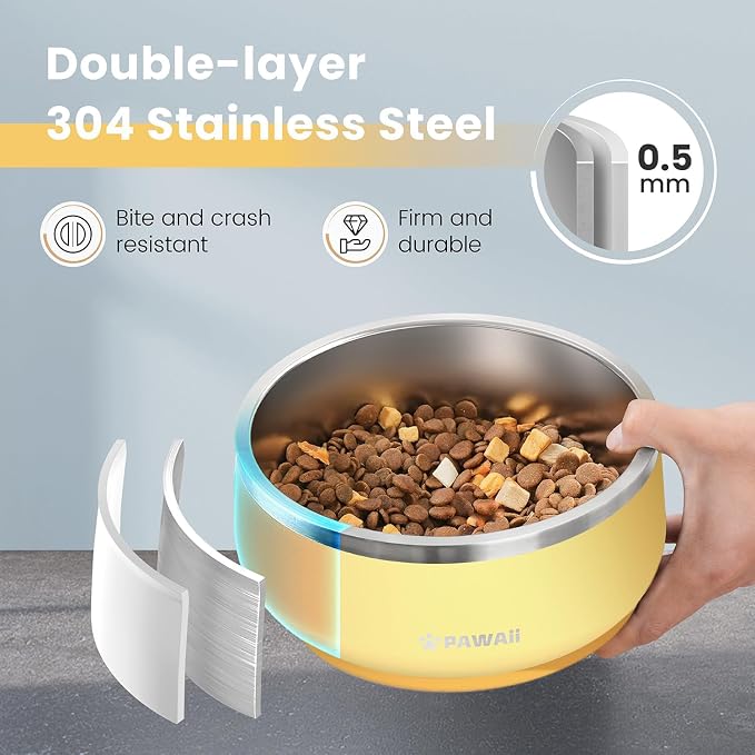 Pawaii Dog Bowl,34 oz Stainless Steel Food and Water Bowl,ID Tag,1 Pack | Double-Wall Design,Non-Slip Rubber Base,Dishwasher Safe,Smooth Open Design, Not a Slow Feeder,Easy-Rinse Interior