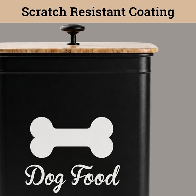 Dog Food Container Airtight Bamboo Lid 5-7 lb, 25 Cups, Sturdy Metal Handle | Pet Jar For Dogs up to 50lbs, Airtight Bamboo Lid, Sturdy Comfortable Metal Handle, Powder Coated Iron, Kibble Storage Bin
