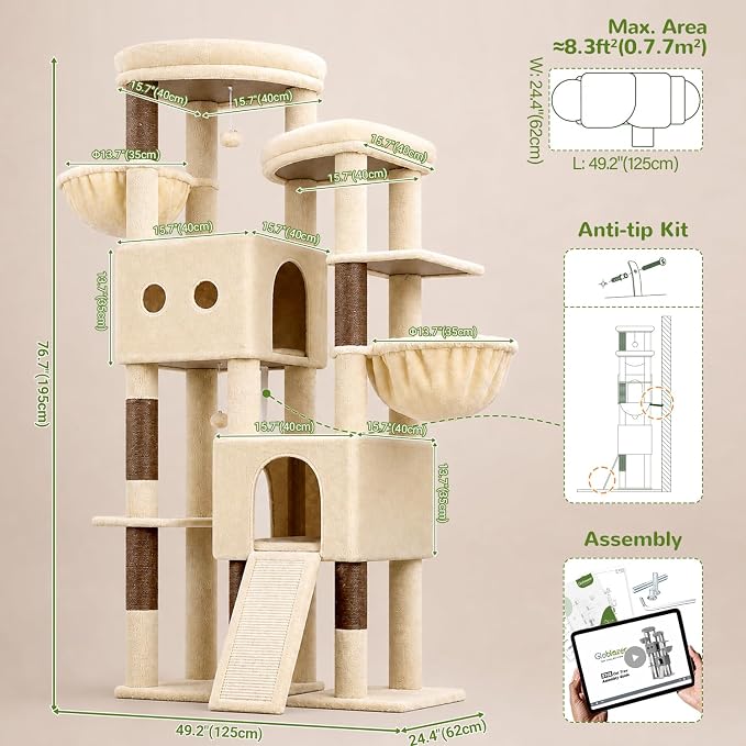 Globlazer Sturdy Cat Tower for Indoor Cats 20lbs, 76in, S76E, Beige | Heavy Duty Cat Tree for Adult Big Cats Maine Coon with Scratching Post, 2 Extra Large Top Perch, 2 Padded Cat Condos