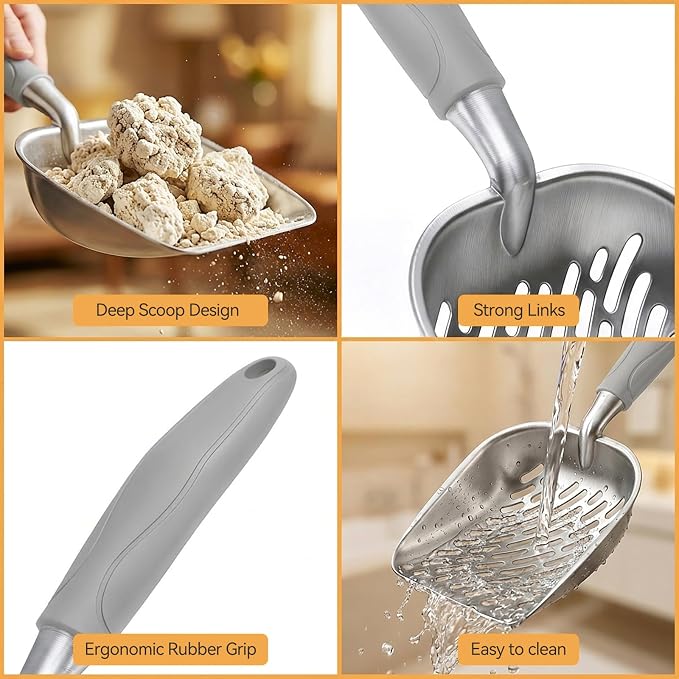 Cat Litter Scoop, Large Long Handle Kitty Metal Scooper, Heavy Duty Aluminum Deep Sifter, Ergonomic Non-Slip Grip, Rustproof Durable Poop Cleaner for Cat Litter Box