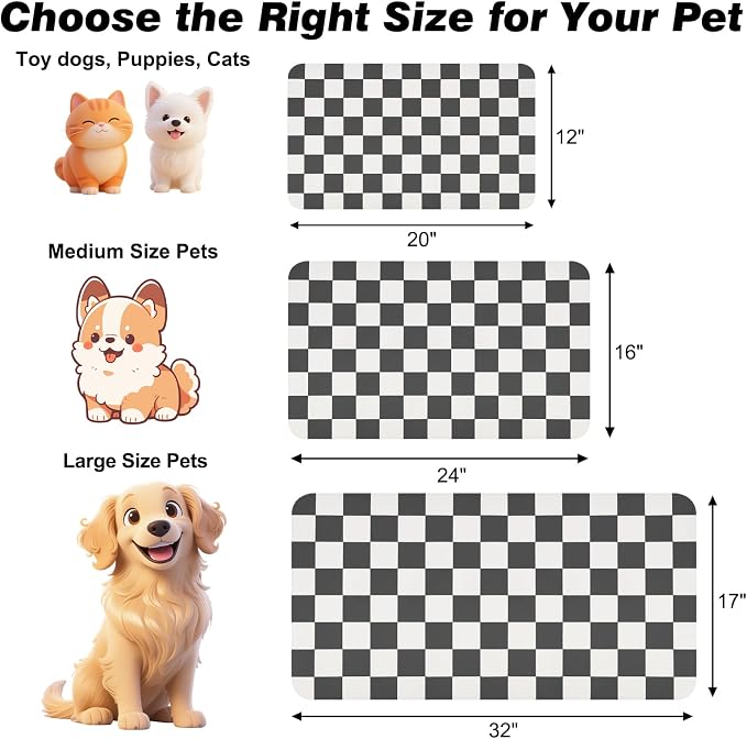 CooRug Checkered Dog Food Mat, Pet Feeding Mat 24" L x 16" W, Black | Absorbent, Leak-Proof, Anti-slip, Quick Dry, Eco-friendly Materials, Easy to clean and store, For Messy Drinkers