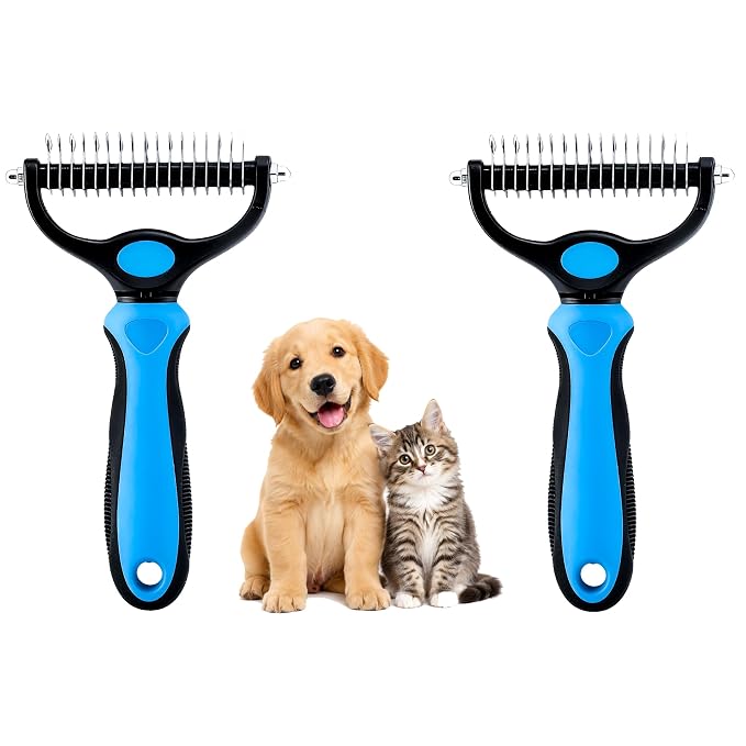 2-in-1 Double-Sided Pet Grooming Comb for Dogs & Cats - Deshedding Brush & Rounded-Tooth Dematting Tool | Painlessly Removes Knots, Tangles, Loose Undercoat & Fur in Thick/Long Coats (Blue-Large*2)