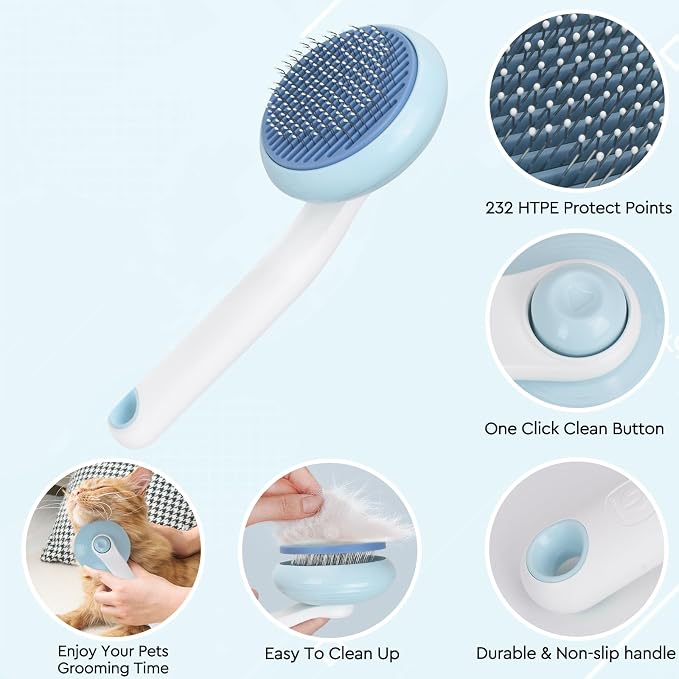 Cat Grooming Glove Brush, Self-Cleaning Slicker Pet Brush | Dog Bath Brush for Shedding and Grooming, Removes Loose Hair and Tangles for Short and Long Haired Pets, Blue