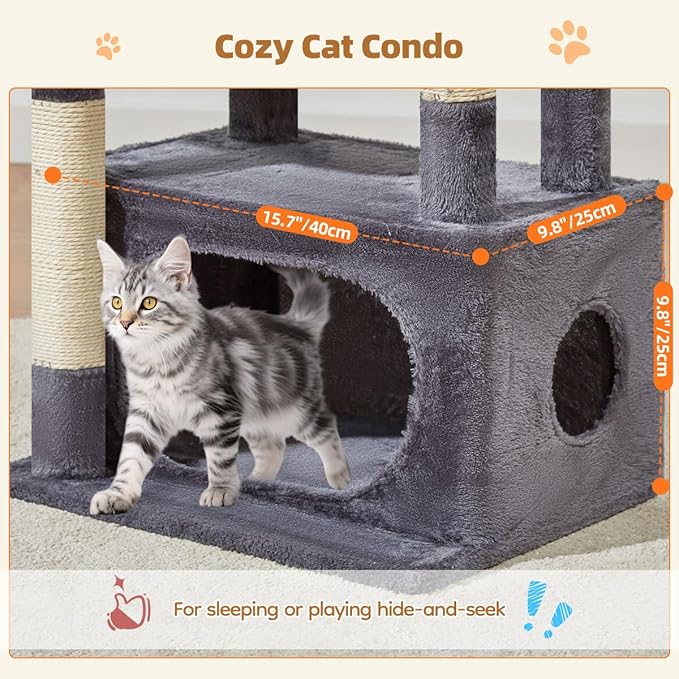 Taoqimiao Cat Tree, 38.5In Cat Tower for Indoor Cats, Suitable for Kittens | Thick Padded Top Perch, Luxurious Cat Condo, Adjustable Basket, 1-Piece Ramp Scratcher, 3 Sisal Posts, Smoky Gray, MS029SG