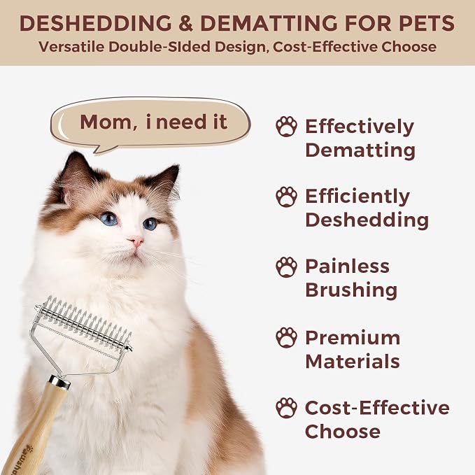 3-in-1 Professional Pet Shedding Dematting Comb - Deshedding Undercoat Rake for Dogs with Stainless Steel Blades Metal Pet Brush with Wood Handle Matted Hair Detangling Thinning and Shedding