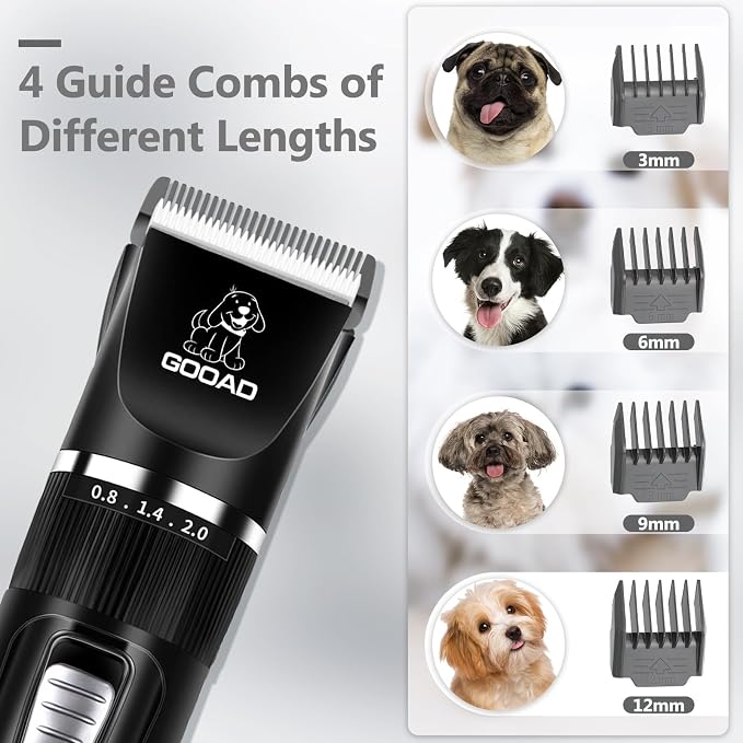 4 in 1 Dog Clippers Grooming Kit and Paw Trimmer for Thick Hair&Coats | 3-in-1 Clipper+Paw Trimmer+Nail Grinder, <60dB Quiet, Cordless,LED Display, 4 Guide Combs, Detachable Titanium-Ceramic Blade