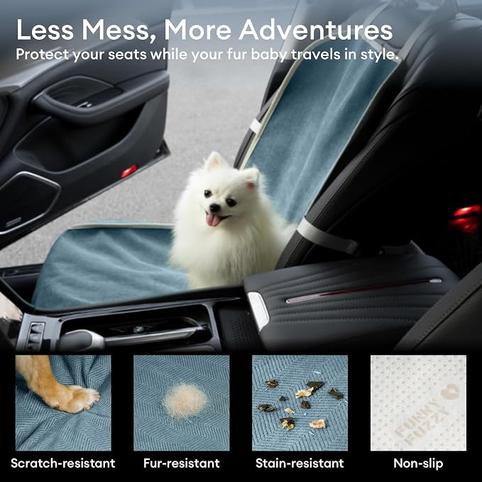 FUNNY FUZZY Dog Car Seat Cover for Front Seat, Dog Seat Cove Waterproof, Scratchproof Non-Slip Car Seat Protector, Universal Fit Most Cars, SUVs, Trucks, Blue