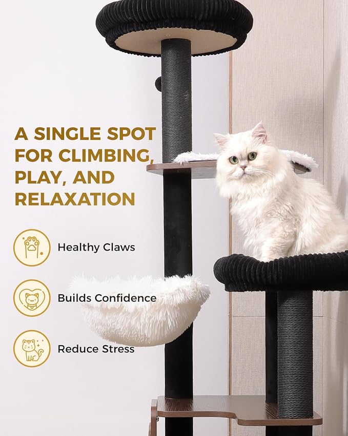 63" Wooden Cat Tree, Modern Cat Tower, Self-Grooming Brush, Walnut | Heavy Duty Cat Tree, Cats Furniture, for Large Cats up to 15 lbs, Climbing Post, Plush Top Perch, Stable Base, Cozy Cat Condo