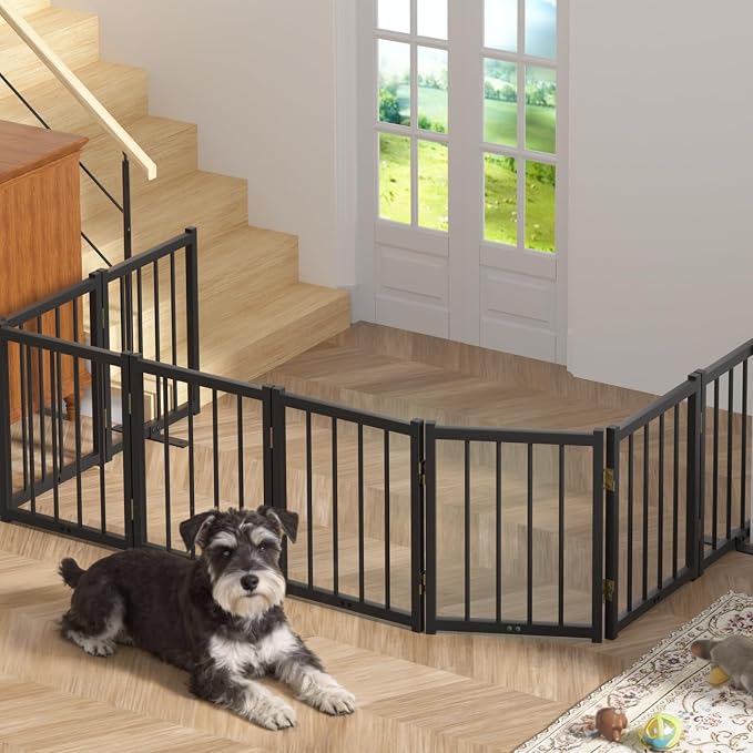 Snuowu 16" Freestanding Short Dog Gate for Small Dogs – Foldable & Retractable, Expands Up to 96" Wide, 8-Panel Pet Barrier for Doorways, Stairs & Hallways (Black)