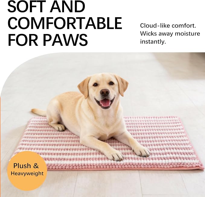 Dog Door Mat for Muddy Paws - Absorbent Quick-Dry Non-Slip Washable Chenille Pet Rug, Indoor Entryway Mat for Front Door & Crate (Pink, 36" L*24" W)