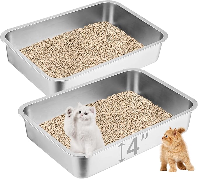 2 Pack Stainless Steel Cat Litter Box, 15.7"×11.8"×4" Metal Litter Pan, Small Litter Box for Little Cats Kittens, Easy Cleaning