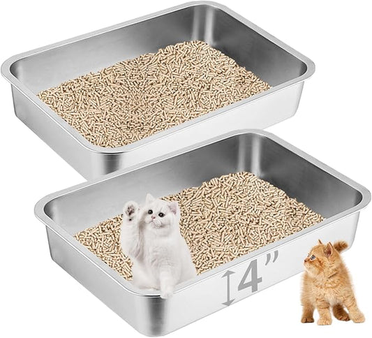 2 Pack Stainless Steel Cat Litter Box, 17.7"×13.8"×4" Metal Litter Pan, Small Litter Box for Little Cats Kittens, Easy Cleaning