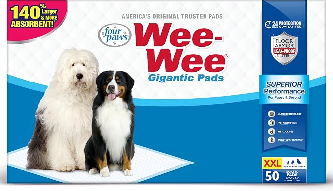 Four Paws Wee-Wee Superior Performance Pee Pads for Dogs with Runoff Barrier Edge Guard Protection, Puppy & Dog Potty Training Pads, Housebreaking Pet Supplies, 27.5" x 44" (50 Count)