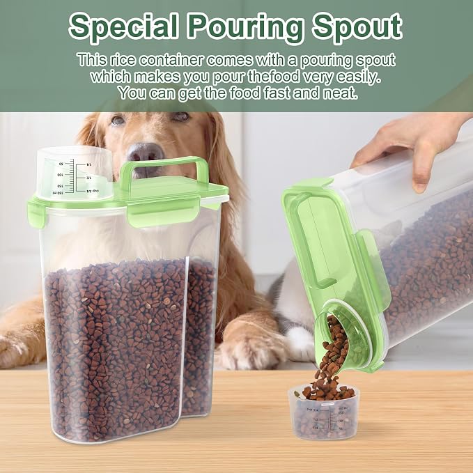LEAWALK 5-7Lbs/6Qt Dog Cat Storage Container Portable with Upgraded Large Spout and Cup, Plastic Pet Food Dispenser for Small Animal Kibble, Bird Seed, Oatmeal, Rice, Flour, Brown Sugart (Clear Green)