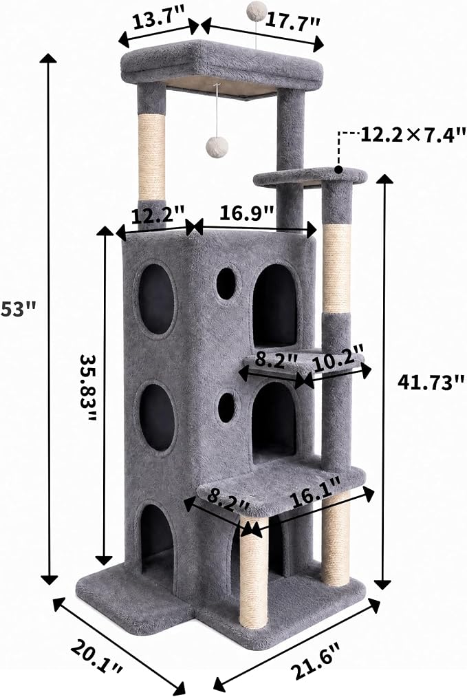 baoheDC 53" Cat Tree for Indoor Cats, Multi-Level Cat Tower with 3 Cozy Cat Condos, Large Top Perch, Sisal Scratching Posts & Climbing Steps, Space-Saving Cat Furniture for Apartments, Grey