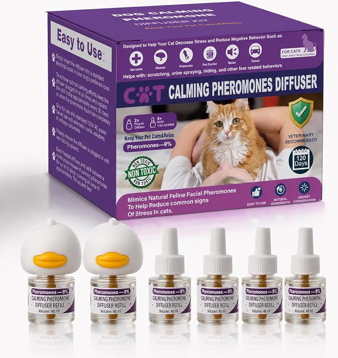 Cat Pheromones Calming Diffuser, Cat Calming Plug In Pheromone Diffuser Starter Kit with 2 Diffusers + 4 Refills - Relieve Anxiety, 120 Days Starter Kit Long-Lasting Stress Relief for Cats (Purple)