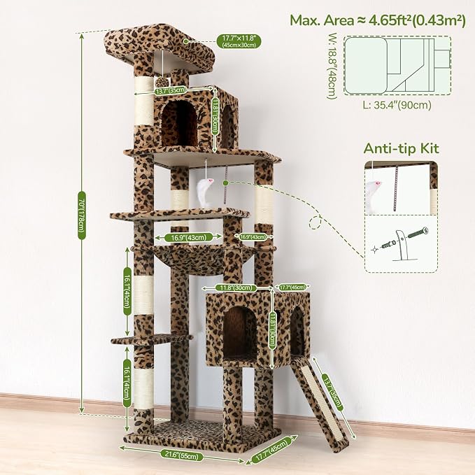 Globlazer Heavy Duty Leopard Cat Tree, 70in Sturdy Cat Tree for Indoor Cats Sturdy Large Cat Tower with Scratching Post & Board, Hammock, 2 Cat Condo for Adult Cats Kittens, F70 Pro, Leopard Print