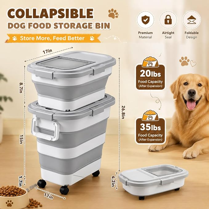 Sawysine 2 Pack 35Lbs & 20Lbs Airtight Dog Food Storage Container | Collapsible Design, with Attachable Casters, for Pet Food, Cat Litter, Rice Storage, Keep Dry Food Fresh, Easy to Move