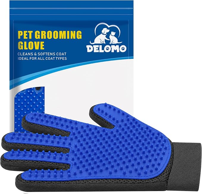 Pet Hair Removal Glove with 255 Silicone Tips for Dogs & Cats, Right Blue | 2-in-1 Deshedding & Massage Mitt, 5-Finger Flexible Design, for Bathing & Grooming, Safe for Long/Short/Curly Hair Pets